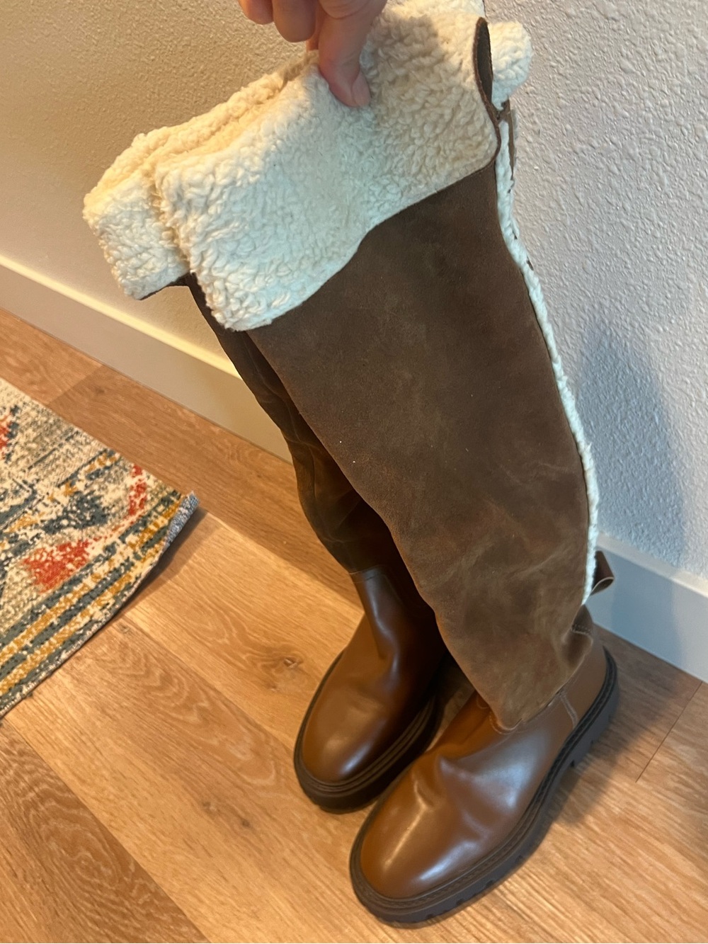 Zara Brown Cognac Chestnut Leather Suede Fur Over the Knee High Tall Boots